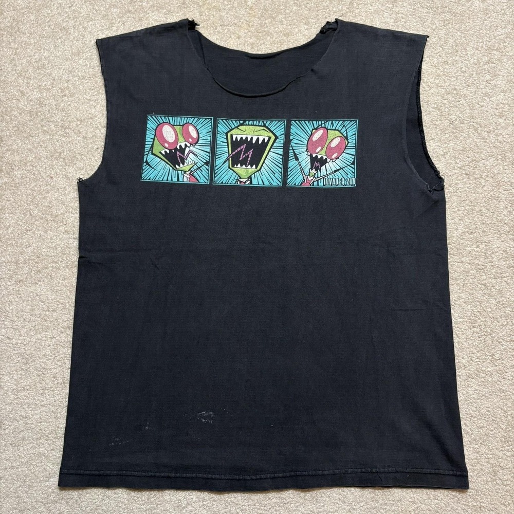 Vtg‎ Invader Zim Shirt Mens Medium Black Cutoff Cartoon Nickelodeon TV Graphic